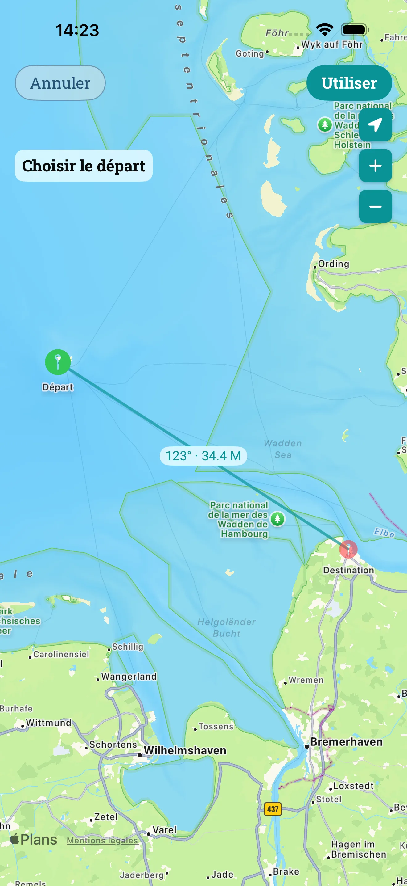 Briefing de navigation : route et étape sur la carte