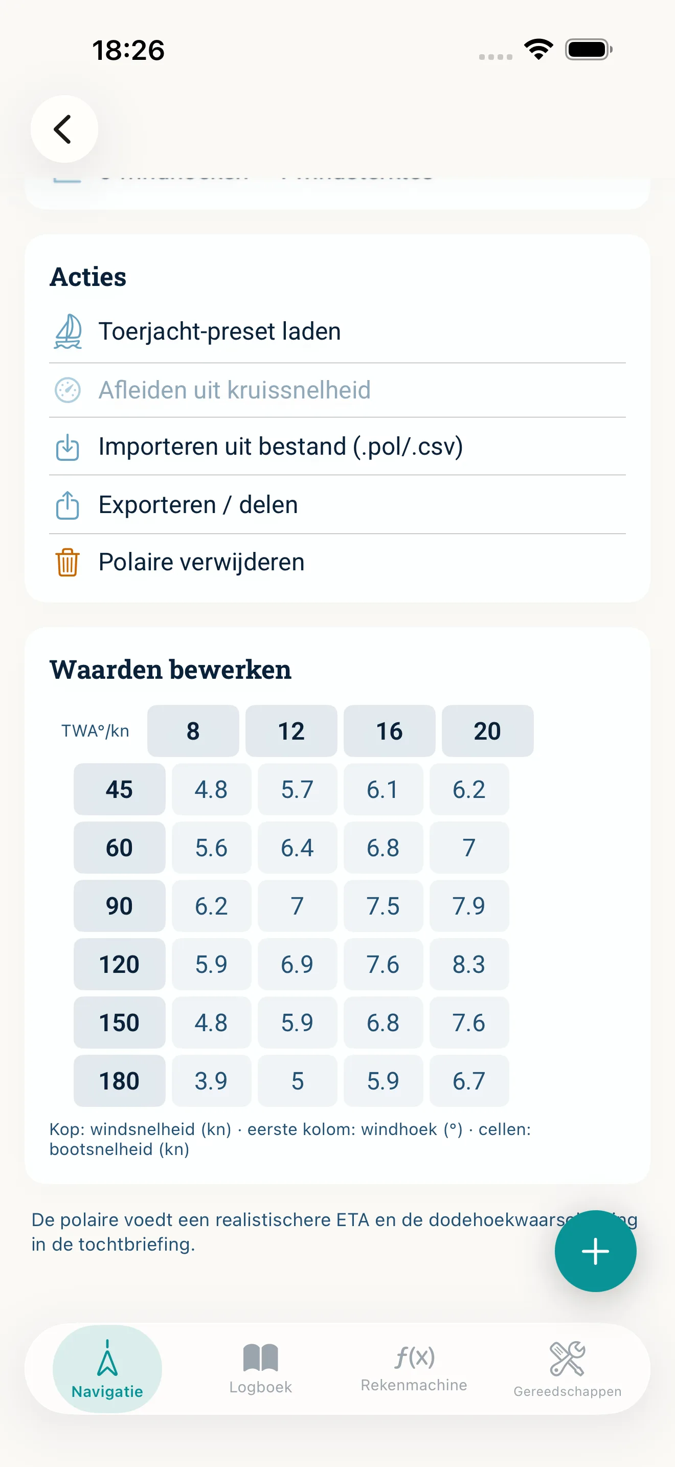 Screenshot van de NauticCalc-app