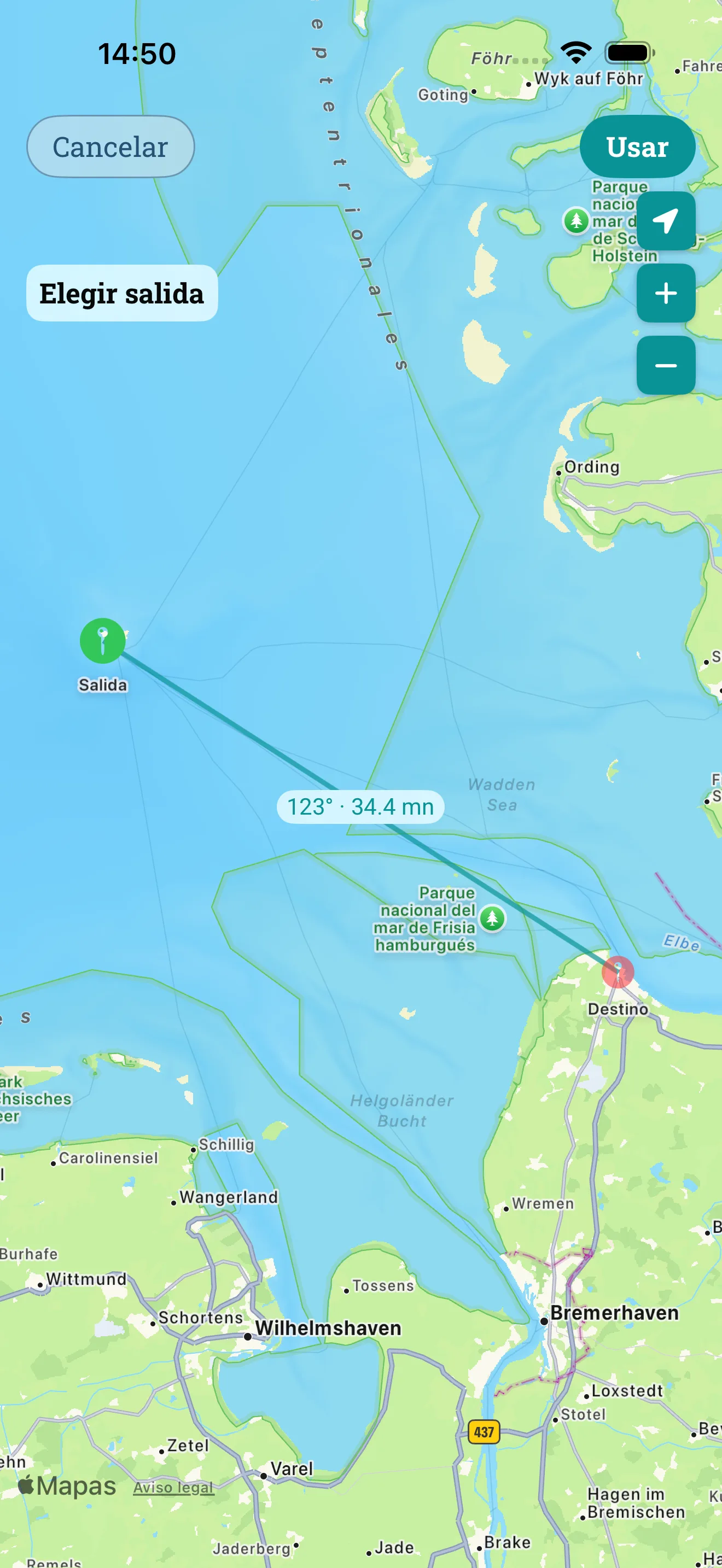 Briefing de navegación: ruta y etapa en el mapa