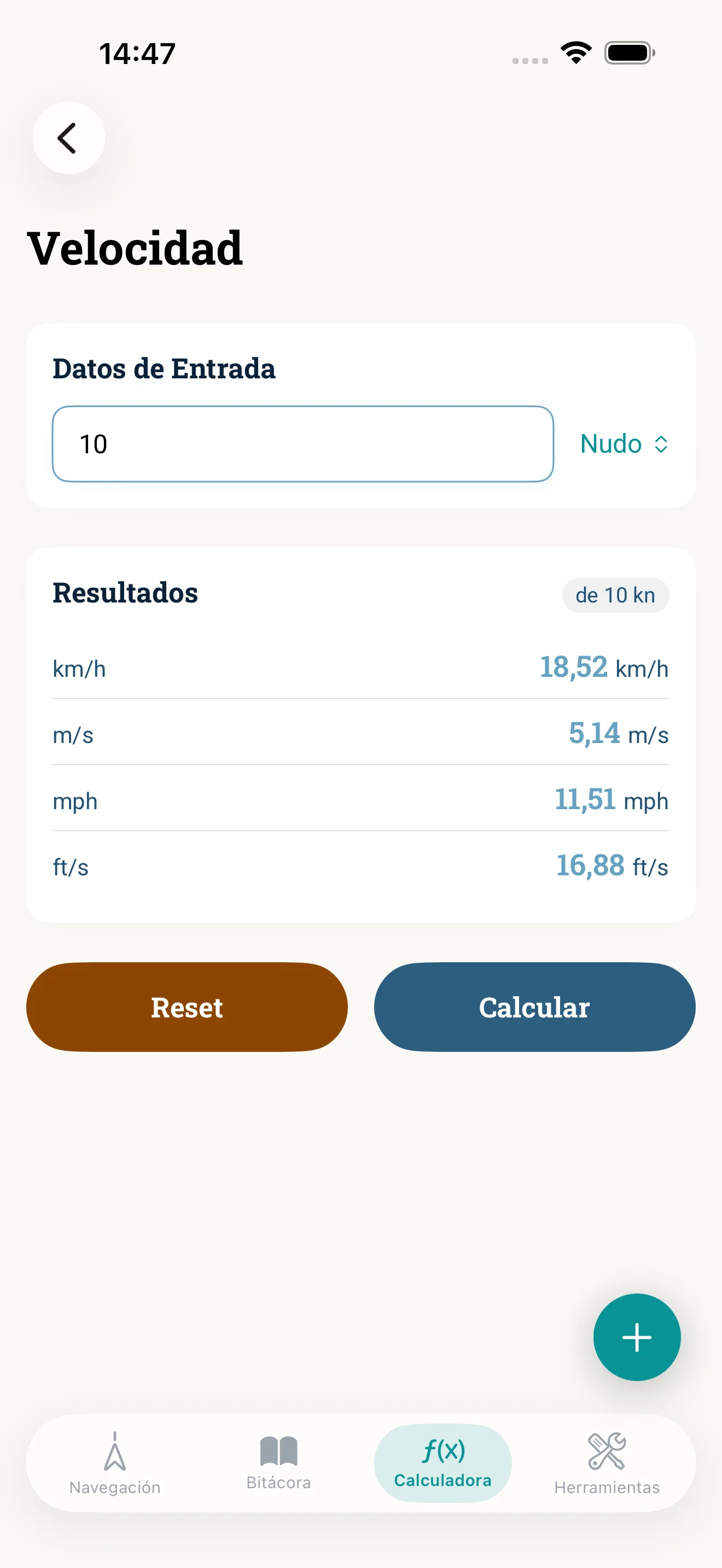 Convertir la velocidad: nudos, km/h, m/s