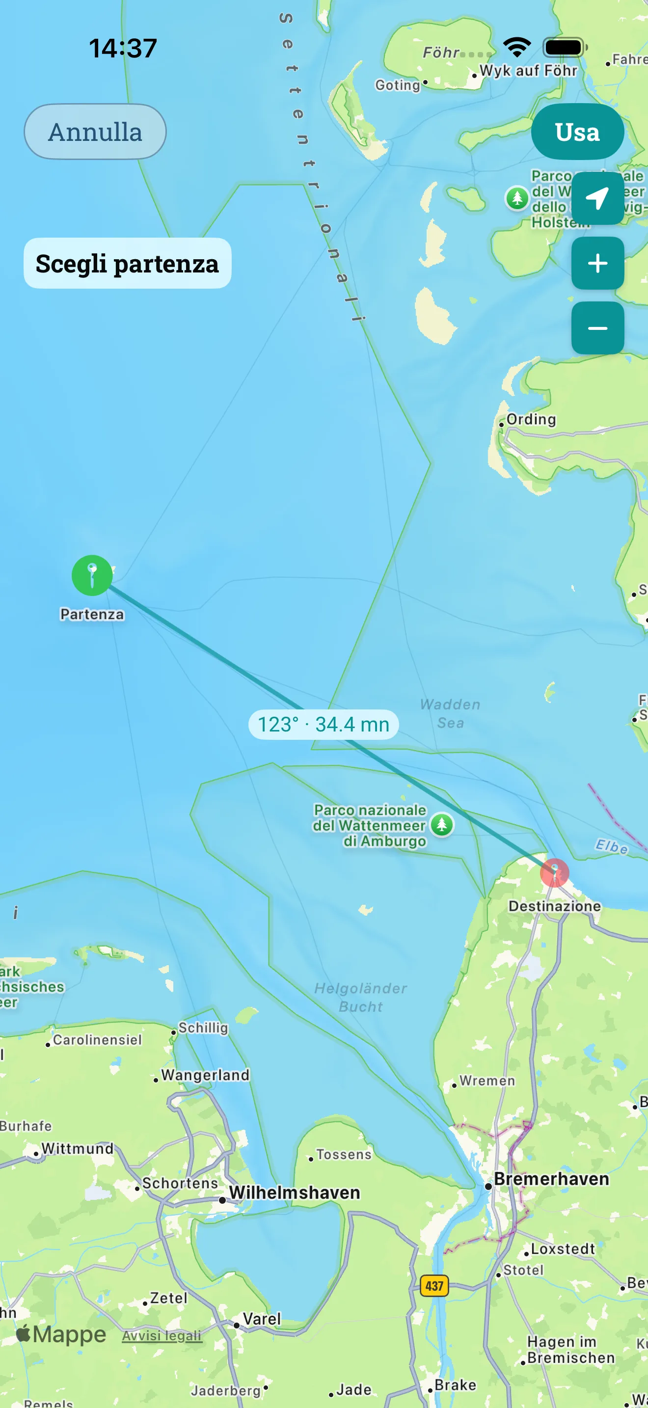 Briefing di navigazione: rotta e tappa sulla mappa