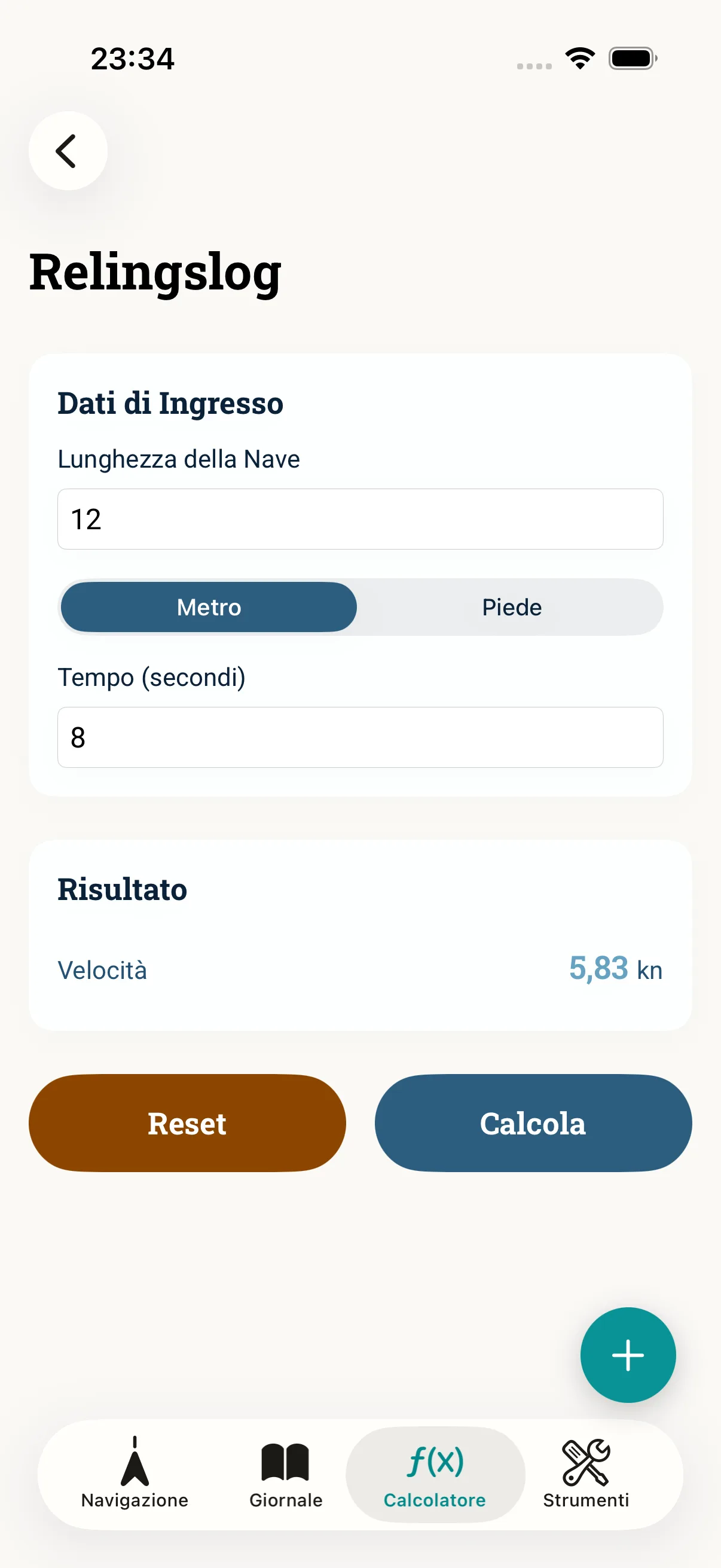 Screenshot dell'app NauticCalc