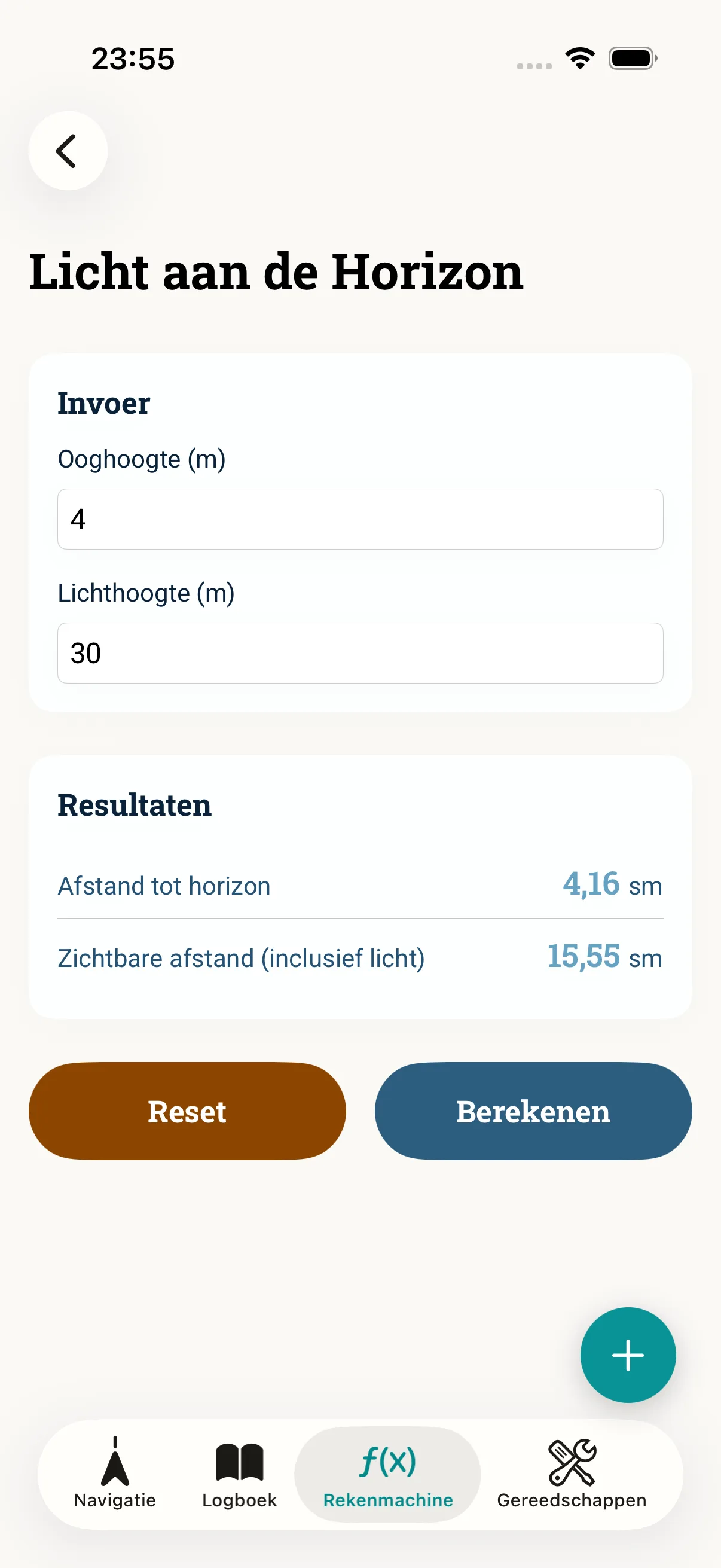 Screenshot van de NauticCalc-app