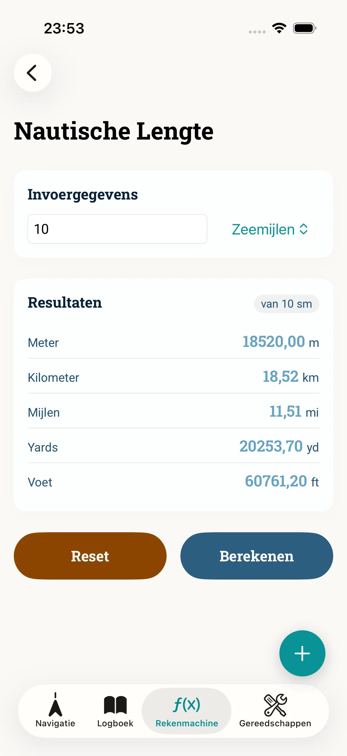 Screenshot van de NauticCalc-app