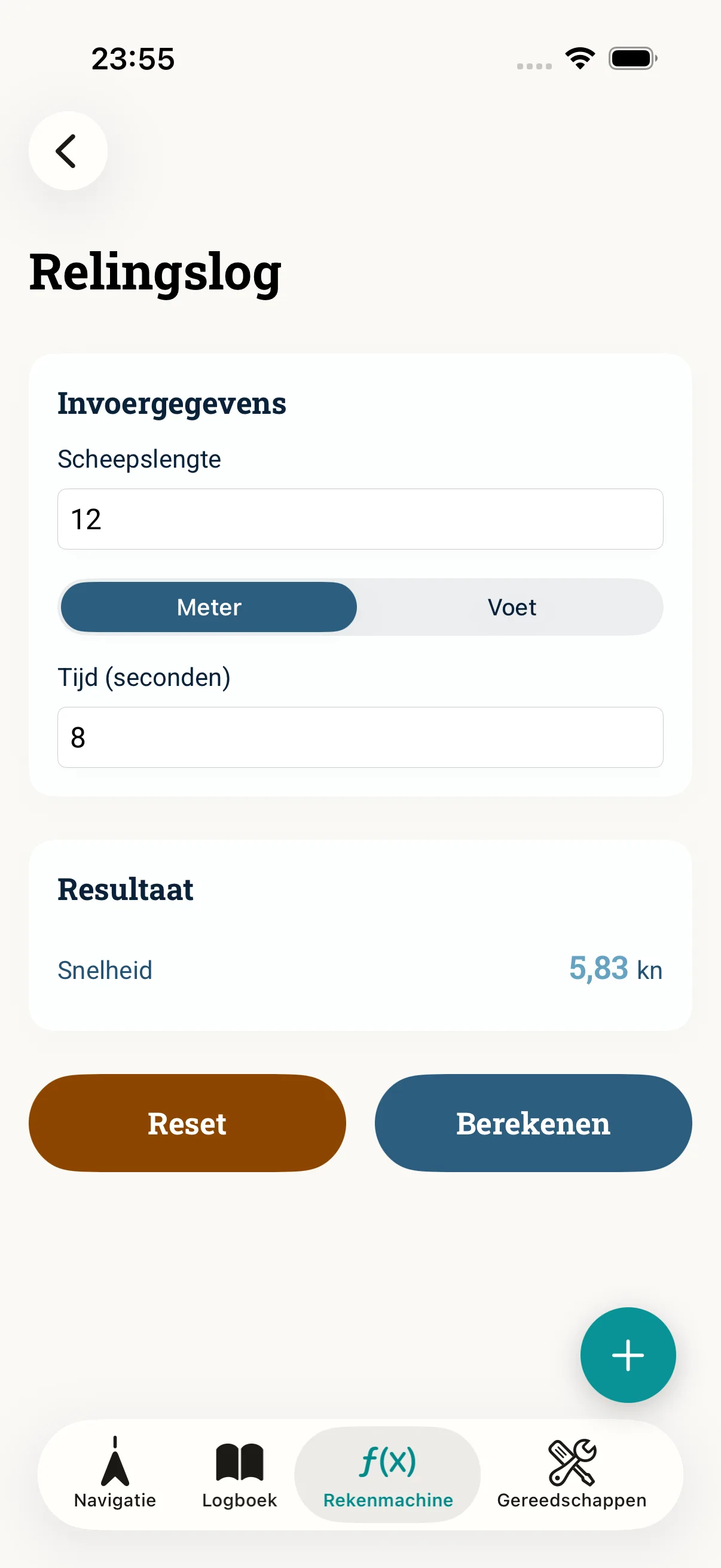 Screenshot van de NauticCalc-app