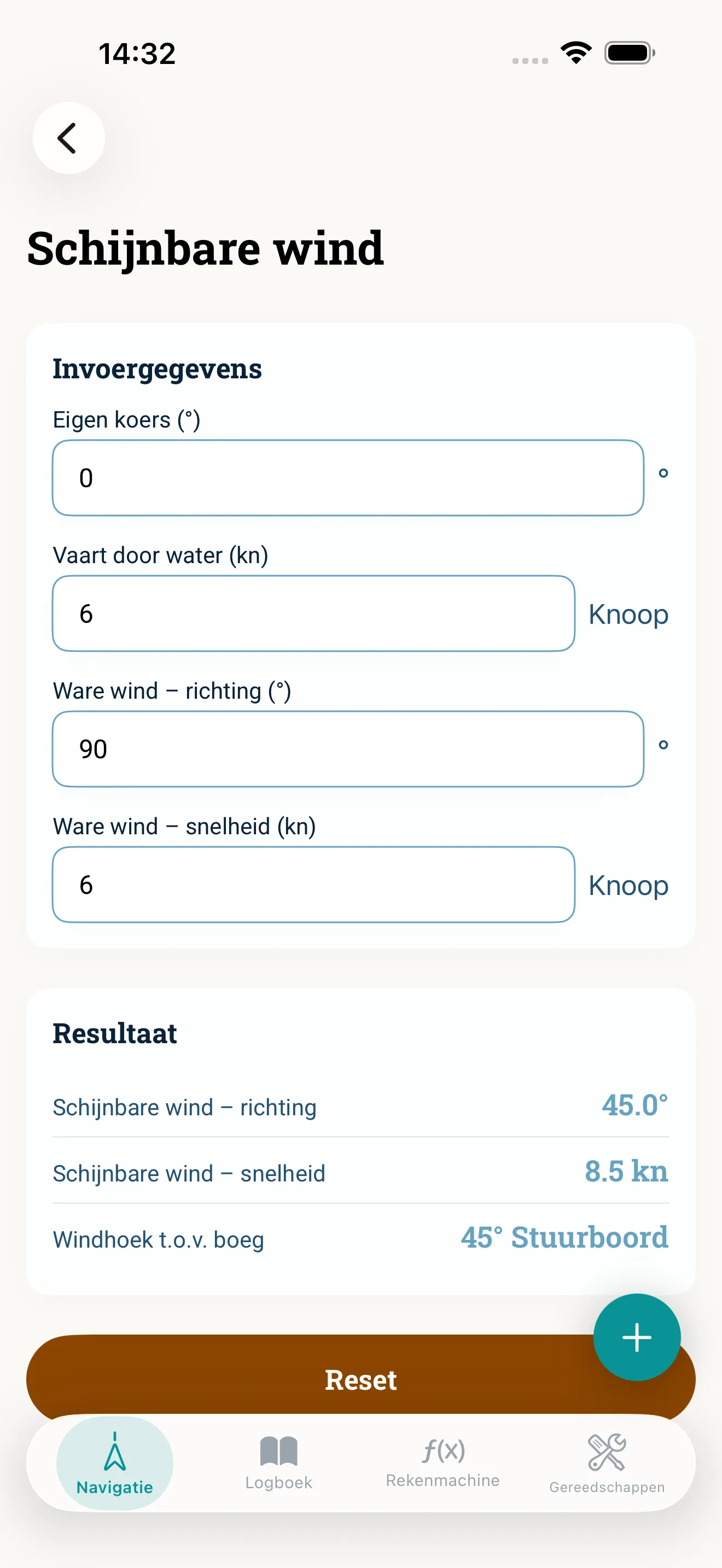 Screenshot van de NauticCalc-app